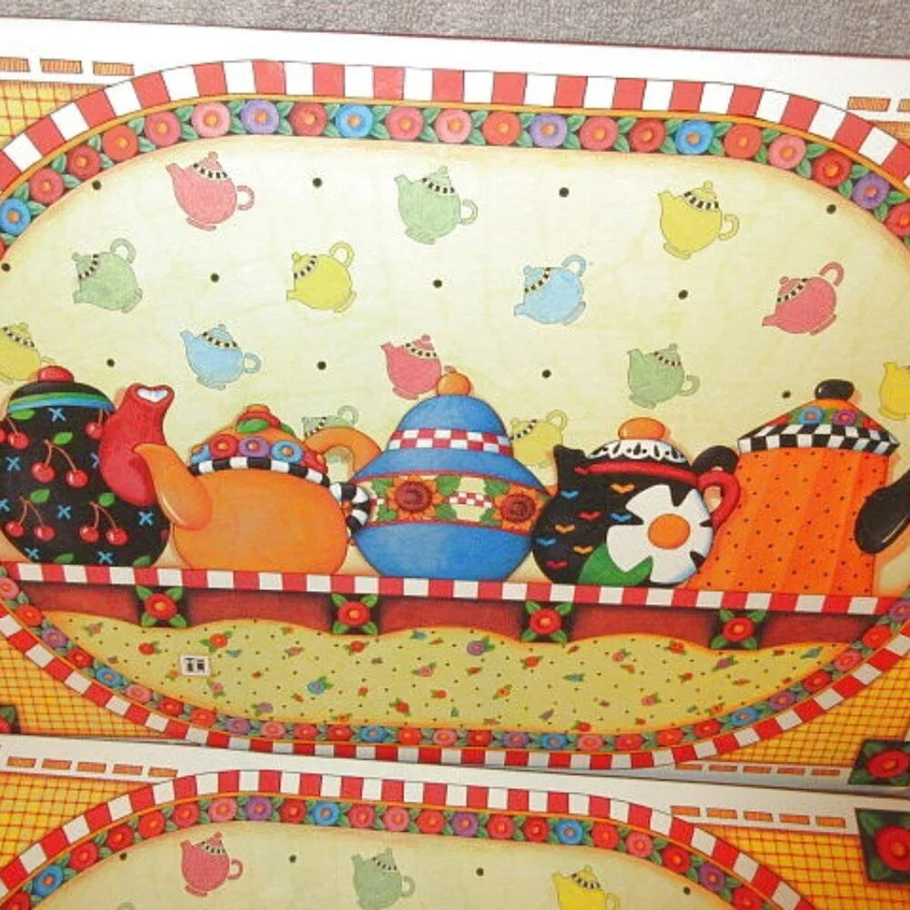 Vtg Mary Engelbreit Tea Party Placemats Set Of 4 Cork Back Farmhouse Cottagecore